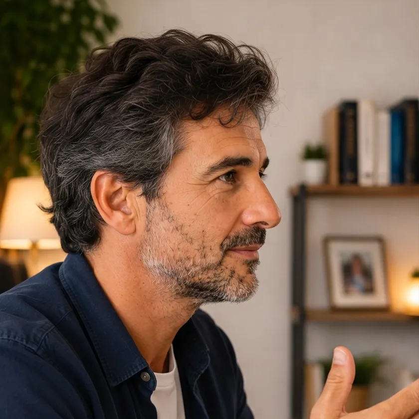 Él explicando con un gesto de la mano