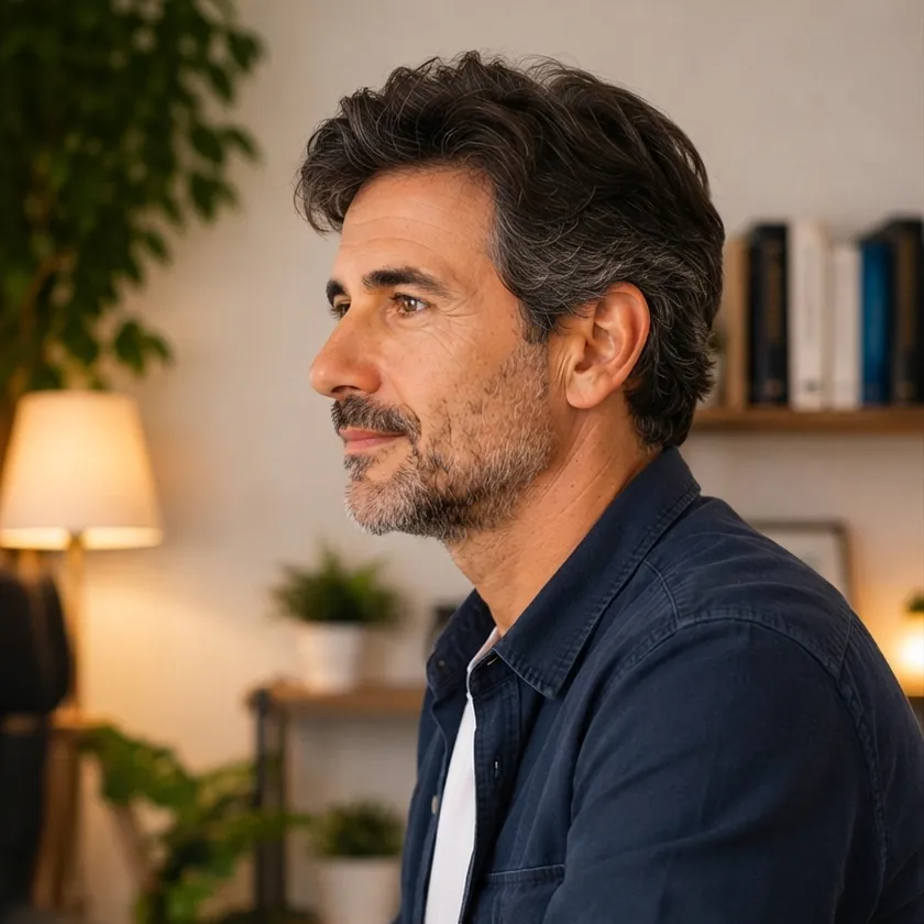 Él de perfil, escuchando